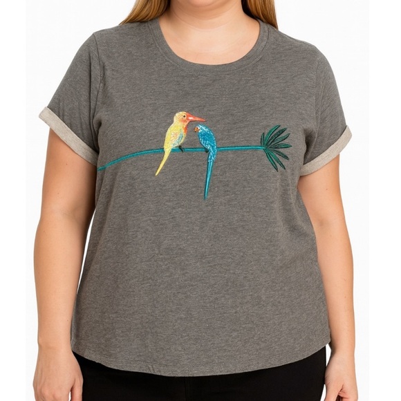 ModCloth sweatshirt short rolled sleeve embroidered bird tucan boxy SZ 3X - Picture 1 of 8